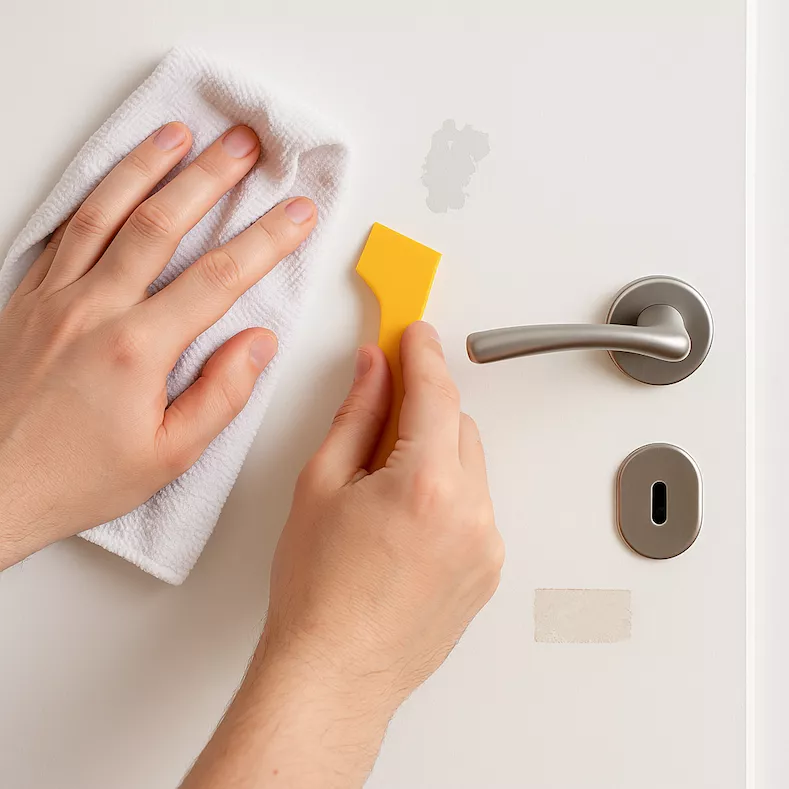 Få bort klistermärken och tejprester från vit dörr